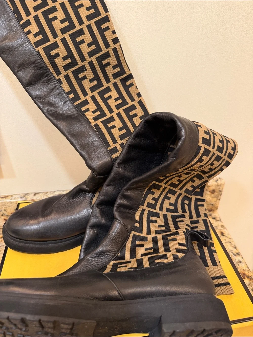 Fendi Beige and Black Zucca Monogram boots with Black Leather Trim